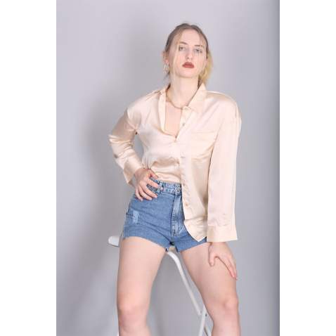 Mad Girls Beige Satin Shirt MG1104 - Bej