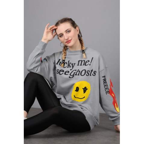 Mad Girls Printed Oversize Anthracite Sweatshirt Mg1207 - Füme