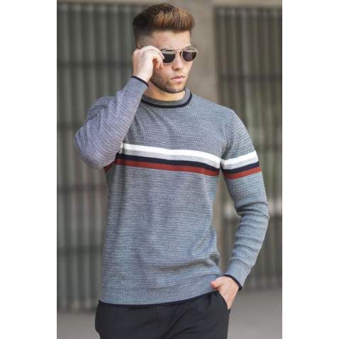 Madmext Men Striped Gray Sweater 5160 - Gri