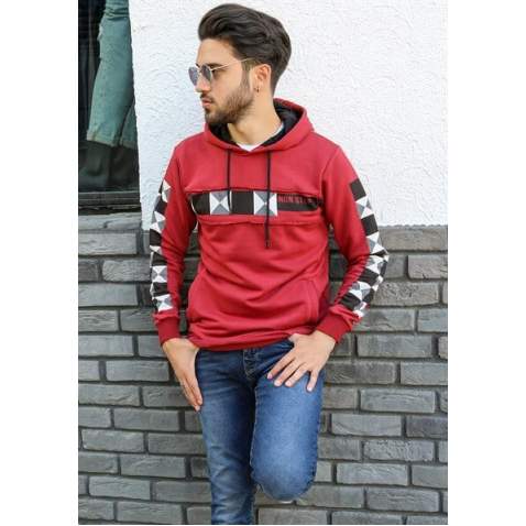 Kapşonlu Baskılı Sweatshirt Bordo 2694 - Bordo