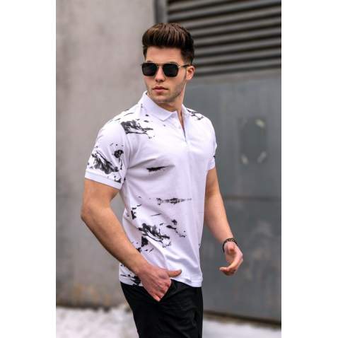 Men Designed White Polo T-Shirt - Beyaz