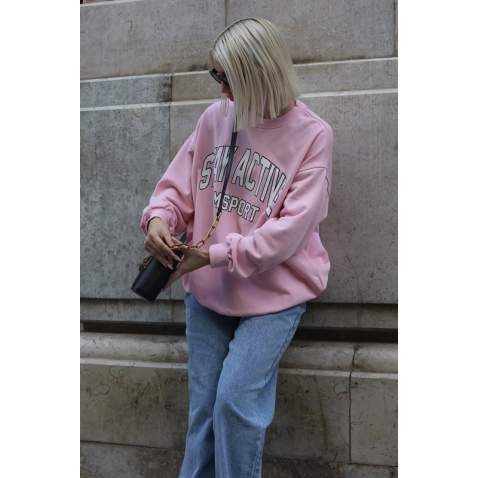 Pembe Baskılı Oversize Kadın Sweatshirt MG1564 - Pembe