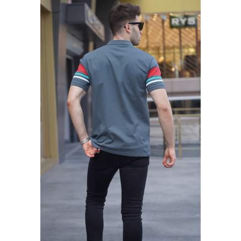 Striped Smoke Gray Polo T-Shirt 5877 - Füme