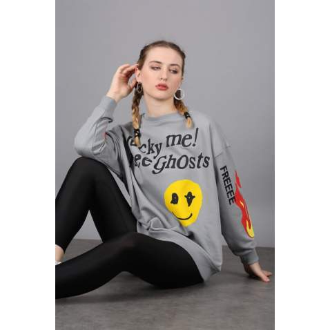 Mad Girls Printed Oversize Anthracite Sweatshirt Mg1207 - Füme