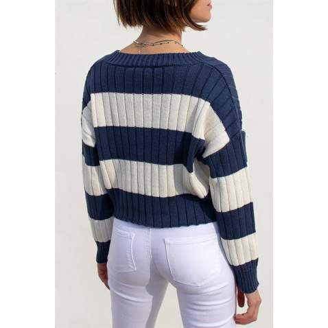 Women Oversize Navy Blue Sweater MG1441 - Lacivert/beyaz