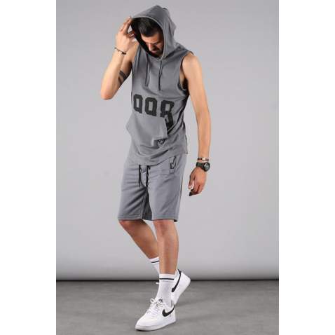 Smoke Gray Sleeveless Hoodie Shorts Outfit 5795 - Füme