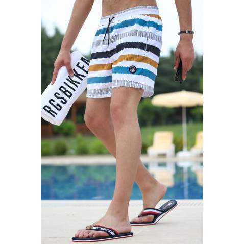 Madmext Men Striped Yellow Swim Shorts 2945 - Hardal