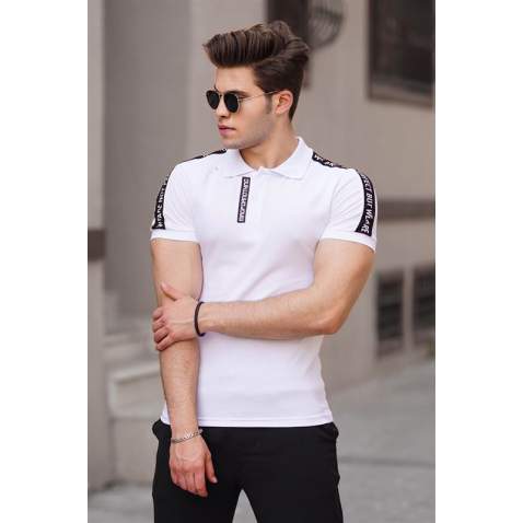 Madmext White Shoulder Striped Polo Shirt for Men -4616 - Beyaz