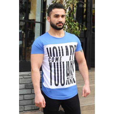 Madmext Blue Printed T-shirt for Men 3001 - Sax mavi