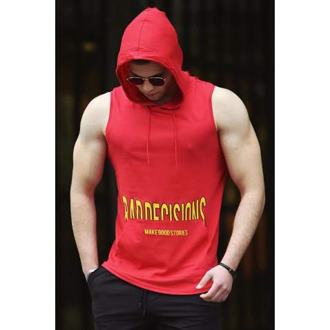 Madmext Red Printed T-shirt with Hood for Men 3079 - Kırmızı