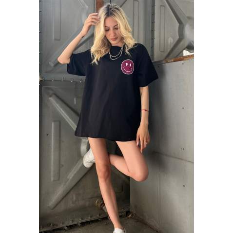 Women Printed Black Oversize T-Shirt - Siyah