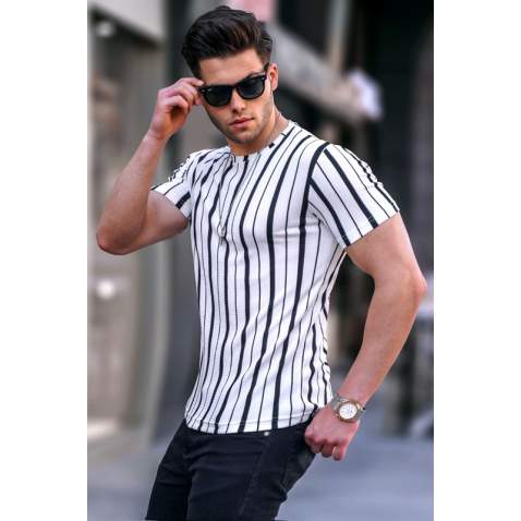 Madmext Men Striped White T-shirt 5266 - Beyaz