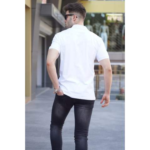 Men Striped White Polo T-Shirt 5864 - Beyaz