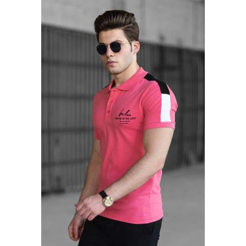 Madmext Soft Pink Shoulder Striped Polo Shirt 4635 - Pudra