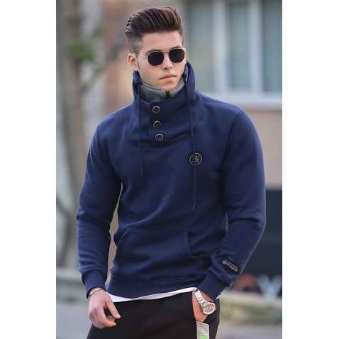 Madmext Navy Blue Button Up Sweatshirt 4411 - Lacivert