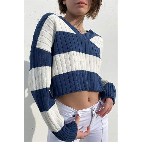 Women Oversize Navy Blue Sweater MG1441 - Lacivert/beyaz