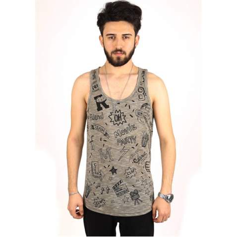 Madmext Printed Khaki Tank Top 2319 - Haki