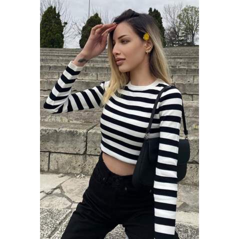 Women Crewneck Black Striped Sweater - Siyah