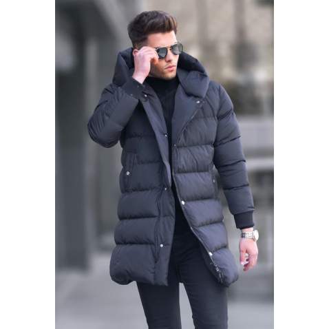 Black Hoodie Long Puffer Jacket 5743 - Siyah