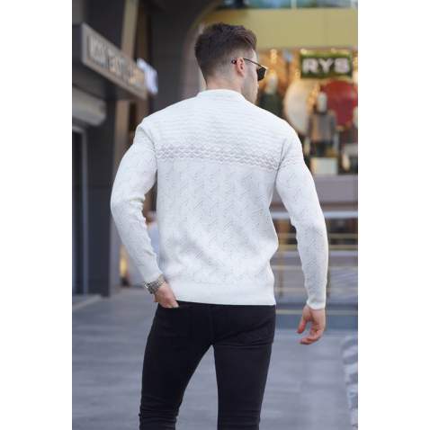 White Designed Knitwear Sweater 5972 - Kemik rengi