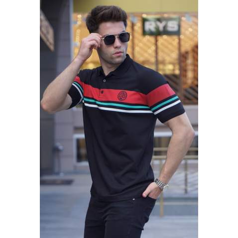 Striped Black Polo T-Shirt 5877 - Siyah