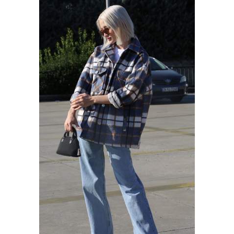 Mad Girls Navy Blue Oversize Women Lumberjack Shirt MG042 - Lacivert