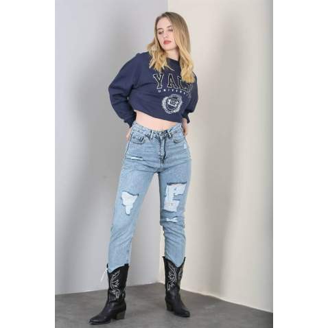 Mad Girls Ripped Blue Jeans Mom Wear MG1163 - Mavi