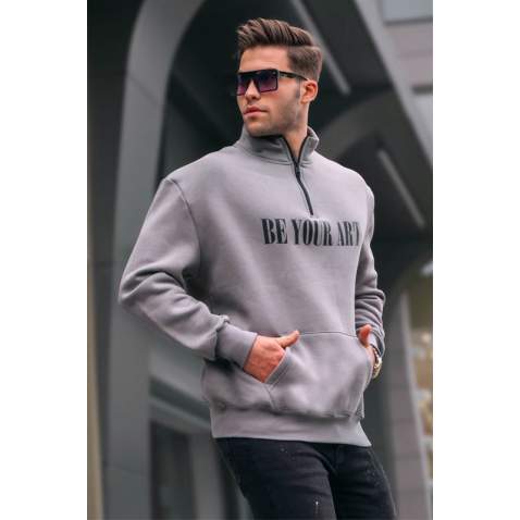 Boyalı Gri Fermuar Yaka Baskılı Erkek Sweatshirt 6032 - Boyalı gri