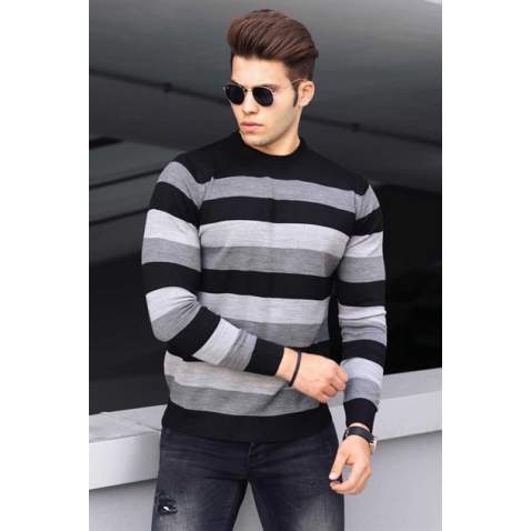 Madmext Gray Striped Men Knitwear Jumper 9415 - Gri