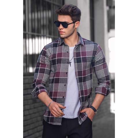 Madmext Maroon Checked Mackinaw Shirt 4684 - Mor