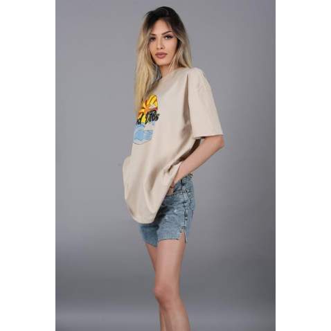 Mad Girls Printed Beige T-shirt Mg1148 - Bej