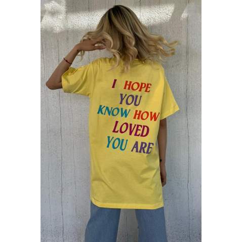 Women Printed Oversize Yellow T-Shirt - Sarı