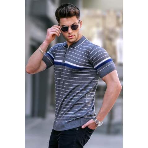 Men Striped Ice Gray Polo T-Shirt 5734 - Buz grisi