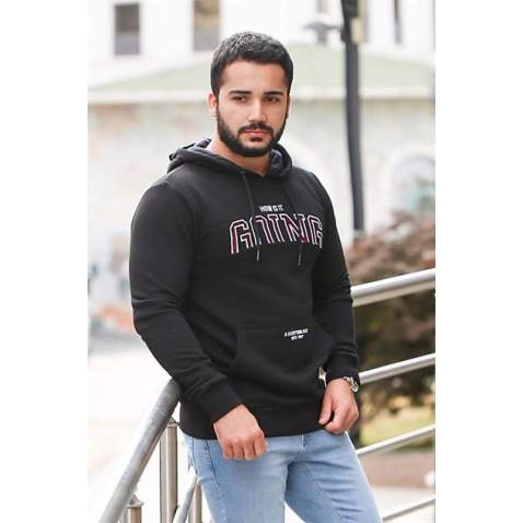 Siyah Baskılı Kapşonlu Sweatshirt 2667 - Siyah