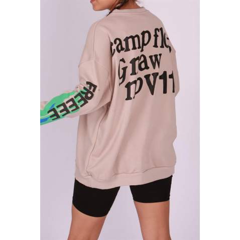 Mad Girls Printed Oversize Beige Sweatshirt Mg1206 - Bej