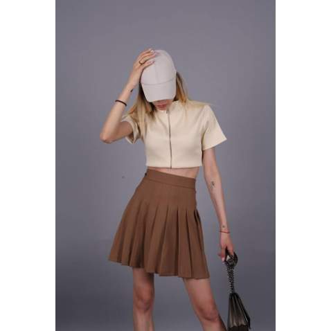 Women Basic Pleated Brown Skirt MG1484 - Kahverengi