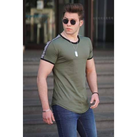 Madmext Men Shoulder Stripe Khaki T-shirt 4101 - Haki