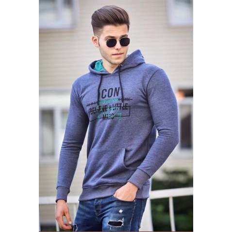 Madmext Navy Blue Printed Hoodie 4376 - Lacivert