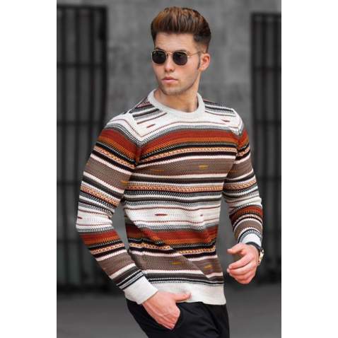 Madmext Men Color Striped Beige Sweater 5150 - Bej