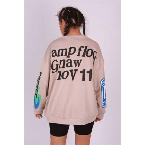 Mad Girls Printed Oversize Beige Sweatshirt Mg1206 - Bej