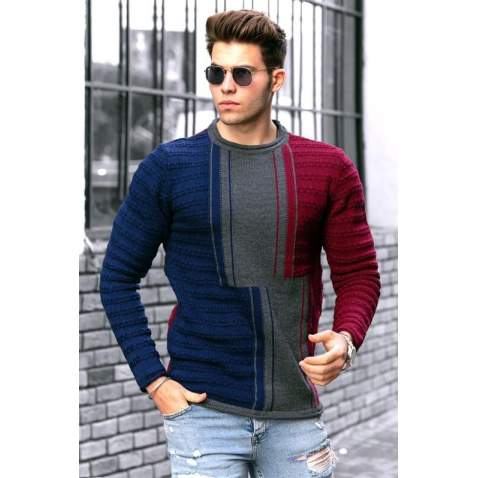 Madmext Claret Red Patterned Crewneck Jumper 2797 - Bordo