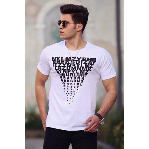 Madmext White Letter Printed T-shirt for Men 4471 - Beyaz