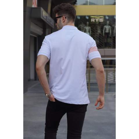 Men Striped White Polo T-Shirt 5878 - Beyaz