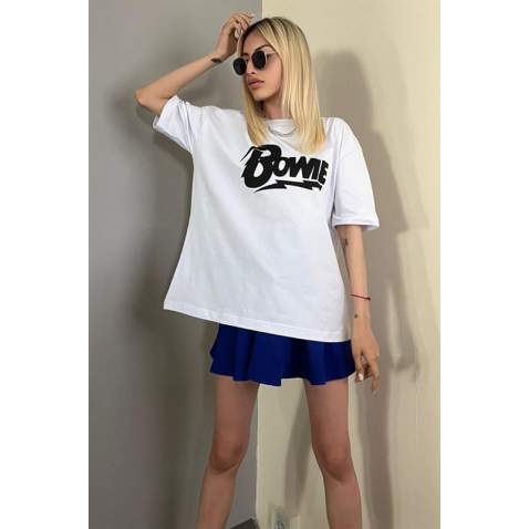 Women Printed White Over Fit T-Shirt MG1514 - Beyaz