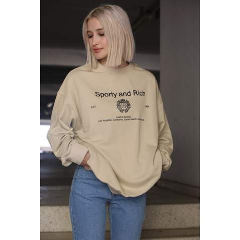 Bej Bisiklet Yaka Baskılı Oversize Kadın Sweatshirt MG1577 - Bej