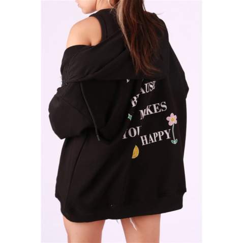 Mad Girls Printed Black Hoodie Sweatshirt MG1195 - Siyah