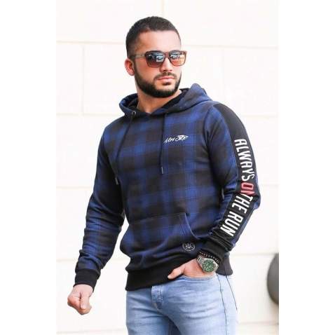 Madmext Navy Blue Check Hoodie 2688 - Lacivert