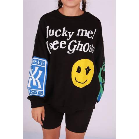 Mad Girls Printed Oversize Black Sweatshirt Mg1206 - Siyah