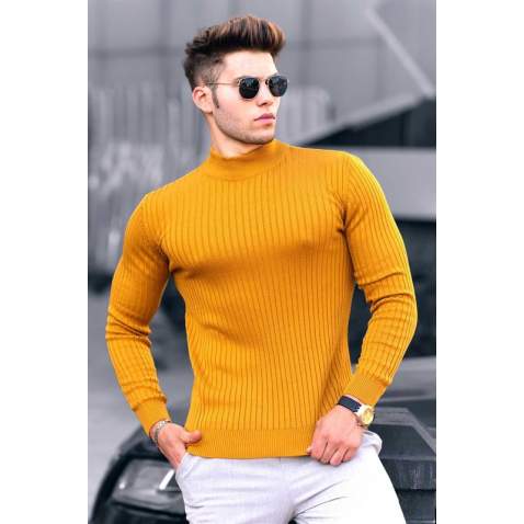 Madmext Mustard Striped Turtleneck Jumper 4736 - Hardal