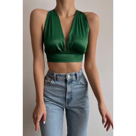 Mad Girls Tie-up Green Satin Crop Top MG1396 - Yeşil